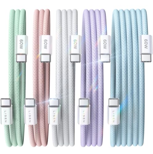 LISEN USB C Cable, 5-Pack [3.3/3.3/6.6/6.6/10FT] USBC to USBC Cable for iPhone 16e 15 Pro Max Charger Cord, 60W (3.1A) C to C Cable Fast Charging for Samsung S25/S24/23, Switch 2, iPad, MacBook - color: Multicolored, size: 3.3+3.3+6.6+6.6+10FT