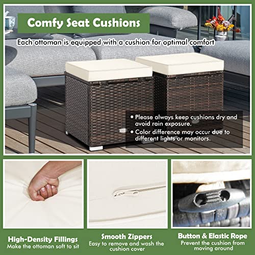 HAPPYGRILL 2 Pieces Patio Ottoman Set Outdoor Wicker Stool with Storage, Rattan Footrest Ottoman with Solid Metal Frame and Cushion for Backyard Poolside Garden Balcony - color: Off White