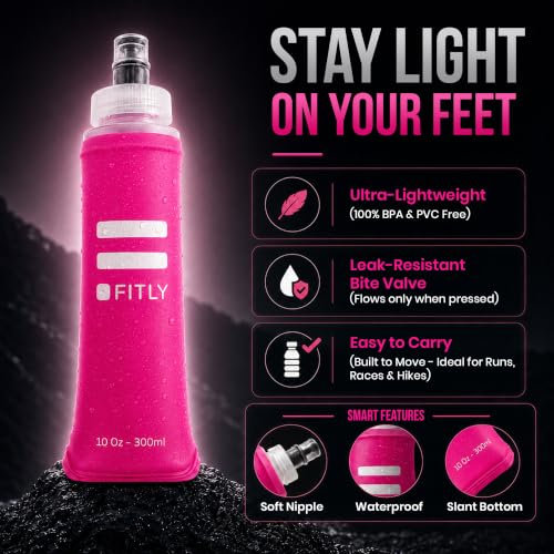 FITLY Soft Flask - Shrink As You Drink Soft Water Bottle for Hydration Pack - Folding Water Bottle Ideal for Running, Hiking, Cycling, Climbing & Rigorous Activity - color: Pink, size: 10 Ounces