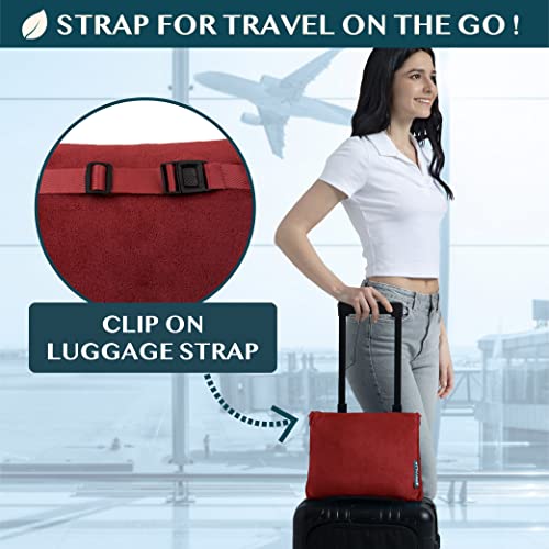 PAVILIA Travel Blanket Pillow, Soft Airplane Blanket 2-in-1 Combo Set, Plane Blanket Compact Packable, Flight Essentials Car Pillow, Travelers Gifts Accessories, Luggage Backpack Strap, 60x43 Red - color: Wine
