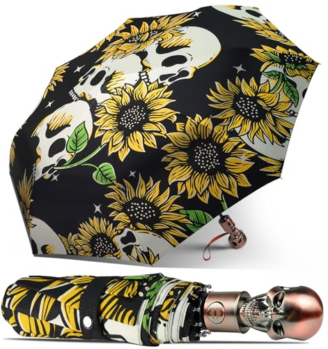 Skull Handle Windproof Travel Umbrella Compact Portable, Auto Open Close | Luxury Gothic Skull Grip with One-Touch Automatic Open, Wind Resistant and Sturdy for Rain, Lightweight to Carry Daily - color: 02.Sunflower