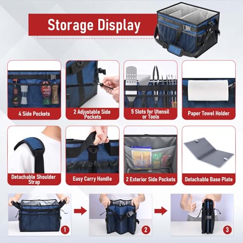 FANGSUN Grill Caddy, Foldable BBQ Caddy with Paper Towel Holder, Blue | 11 Compartments, Easy-Clean Aluminum Interior, 1680D Oxford Fabric, Water-Resistant, Shoulder Strap Included, Tailgating - style: Navy