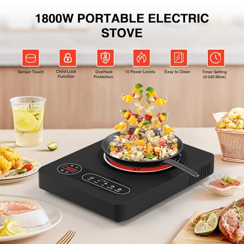 Single Burner Electric Cooktop 1800W,110V Electric Stove Top Burner | Portable Stove with LED Touch Control 10 Power Level, Hot Plate with Child Safety Lock, Timer and Overheat protection - size: Single Electric Cooktop