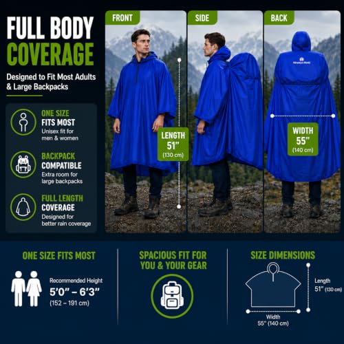 Adventure World Globotrekker Backpack Poncho Lightweight Waterproof Rain Poncho for Hiking, Camping, Travel & Outdoor Use - color: Sapphire Blue