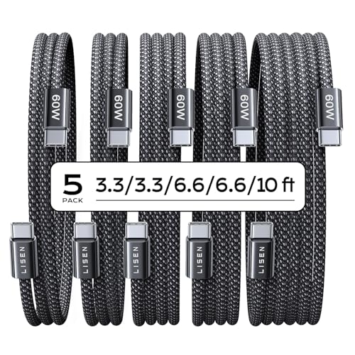 LISEN USB C to USB C Cable, 5-Pack [3.3/3.3/6.6/6.6/10FT] 60W Fast Charging | for iPhone 17/16/15 Series, iPad, Galaxy S26/S25/S24, 5 Pack Gifts for Home, Office, Bed, Car and Travel Charger Cord, Black - color: Black, size: 3.3+3.3+6.6+6.6+10FT