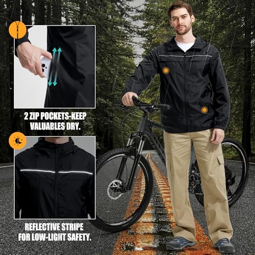 ZITY Mens Rain Jacket with Lining Waterproof Lightweight Rain Coats Packable Hooded Windbreaker for Hiking Golf Cycling - color: Black, size: XX-Large