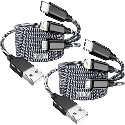 Short Multi Charging Cable,USB Universal Charger,2Pack 2ft Car Cord - color: Grey/Black-2FT-2Pack