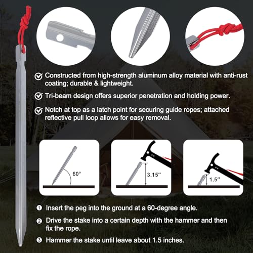 Eurmax USA Hiking Camping Tent Stakes and Hammer Set Lightweight Multi-Function Tent Hammer with Tent Stake Remover,Tent Pegs for Camping, Hiking, Backpacking, Gardening(Silver Stakes) - color: silver, style: Stakes&Hammer