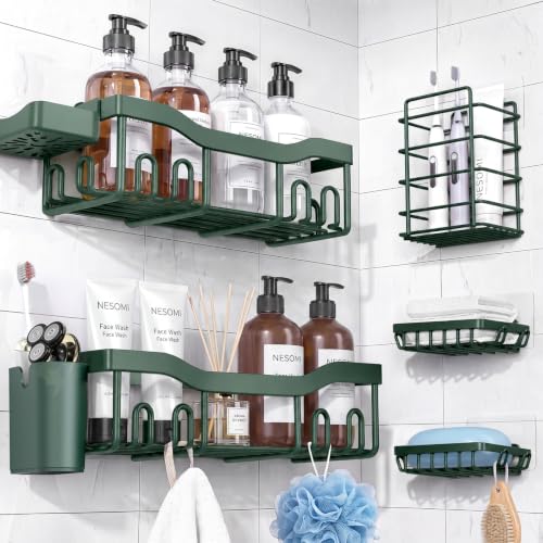 NESOMI Shower Caddy Adhesive Shower Organizer 7-Pack, Rustproof Stainless Steel Bathroom Shelves, Large Capacity No-Drill Rack Storage Accessories with Soap Dish Toothbrush Holder Hooks - color: Blackish Green, size: 7-Piece Set