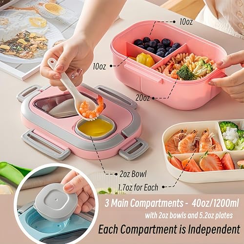 40oz Adult Bento Box with Multiple Compartments, Food - grade PP, Built - in Handle, Leak - Proof, Microwave & Refrigerator Safe (Pink) - color: Pink