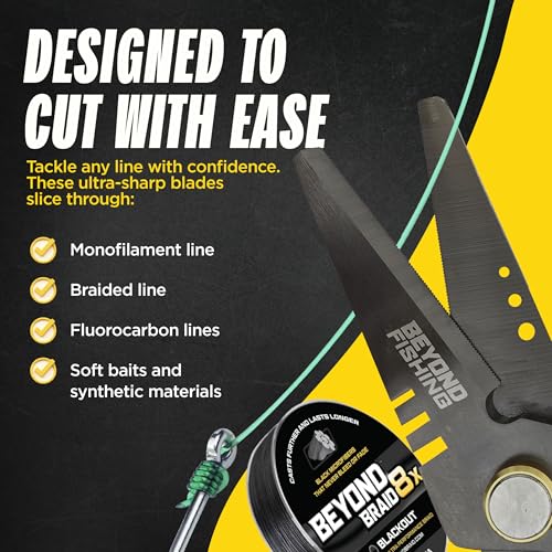 Beyond Fishing 6.5" Pro Fishing Shears Dual Serrated Blades, Fishing Braided Line Scissors with Titanium Coating, Non-Slip Grip & Multifunction Tool, Includes Hard Molded Locking Sheath - color: Pro - Black
