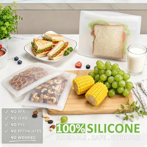 Reusable Sandwich Bags & Snack Bags Set, 8 Pack, 100% Silicone Reusable Storage Bag, Soft Shell Ziplock Silicone Food Storage Containers, Freezer Microwave Oven Dishwasher Safe, Translucent - color: Translucent | S+XS | 8 Pack Flat