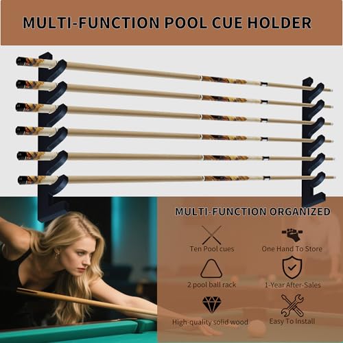 Black Wall-Mounted Pool Cue Holder, Wooden Billiards Pool Stick Rack, Holds 6 Cues and 2 Pool Ball Racks, Pool Table Accessories Organizer for Billiard Rooms or Clubs