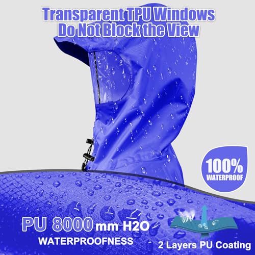 Andake Waterproof Rain Poncho for Adults Unisex,230T Ripstop Polyester,Raincoat Gear with Transparent Viewing Window Outdoors - color: Dark Blue