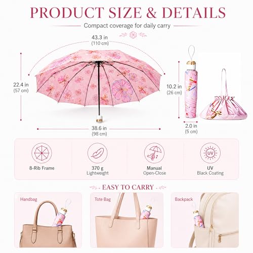Manual Travel Umbrella with UPF 50+ UV Protection - color: PinkCrystalButterfly
