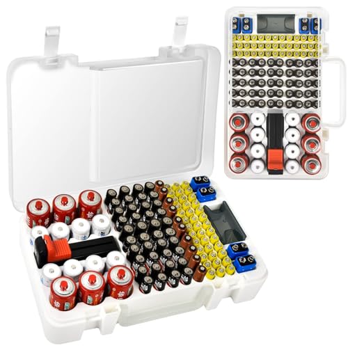 Battery Organizer Storage Case with Tester Checker. Batteries Holder Box Container for 120+ AA AAA 9V C D Lithium CR2025 CR1632 CR2032 Coin Cell Battery with Wall-Mounted Design -Transparency - color: White