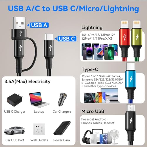 6 in 1 Multiple Charging Cable,USB A/C Universal Charger Cable 2 Pack 6Ft - size: 6 ft