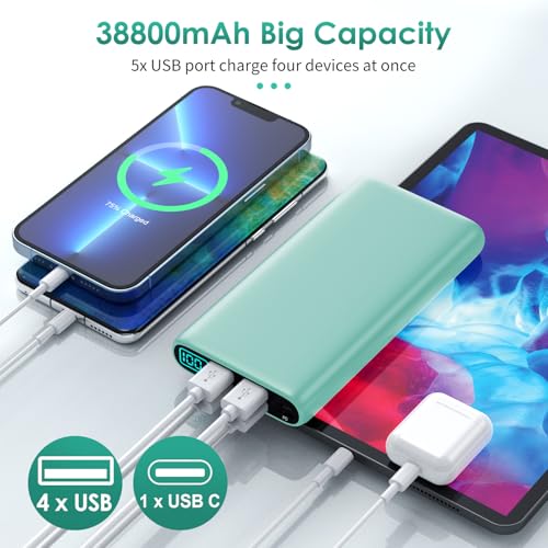 Portable Charger 38800mAh,LCD Display Power Bank,5 USB Outputs Battery Pack Backup, USB-C 3A in&out Travel Essential Portable Phone Charger For iPhone 17/16/15/14/13 Pro,Android Samsung Galaxy-Green - color: Green