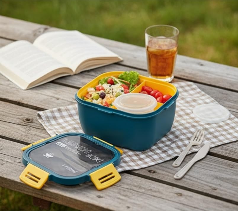 Salad Dinner Container - 58 oz Bowl with 4 Compartment Tray and 1 Removable,Sauce Box,Reusable Knife and Fork, Multi-scenario Usage Leak-Proof Food Storage, Outdoor Picnic Helper, Women,Men Gift