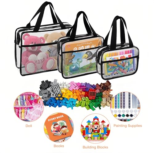 XEWEA 3PCS Clear Travel Toiletry Bags with Handles & Pocketfor Men Women | TSA Approved Transparent Makeup Bag, Waterproof PVC Organizer with Zipper for Toiletries Airline Essentials - color: Black Clear