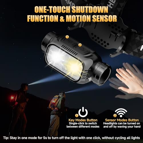 ATDOALL Rechargeable LED Headlamp, Lightweight Head Lamps for Adult Camping | Super Bright Headlight with White Warm Red Light, Motion Sensor, 5 Modes, 90° Adjustable, Waterproof for Hiking, Running - size: 1 Pack