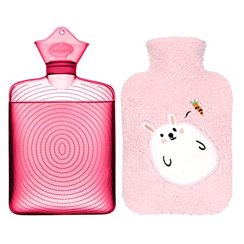 Hot Water Bottle with Cute Fleece Cover for Warm Compress, Pink Rabbit - style: Pink Rabbit