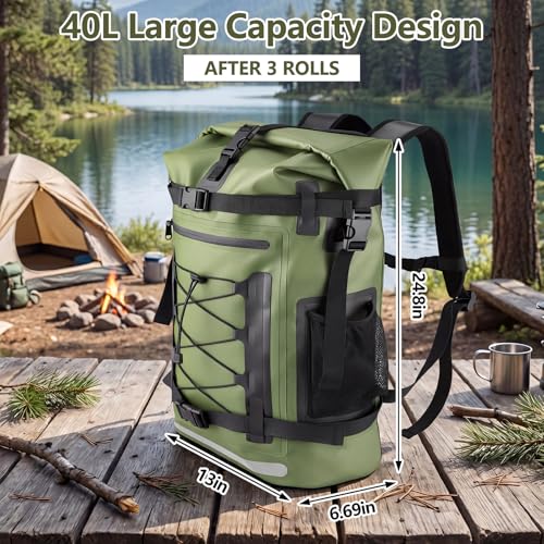 Waterproof Backpack, 40L Large Capacity Dry Bag, Hiking Travel Backpack | Roll-Top, Heavy Duty, Reflective Strips, Wear-Resistant, Tear-Resistant Backpack for Kayaking, Hiking, Rafting, Boating