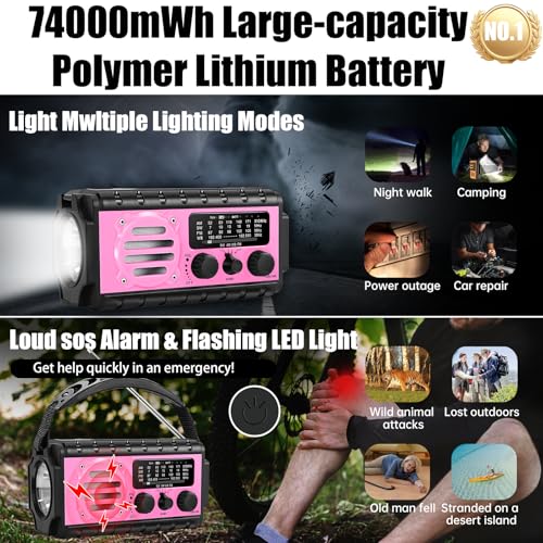 NOAA Weather Radio, 20000mAh Emergency Portable Radio, Hand Crank & Solar - color: 20000mAh Pink