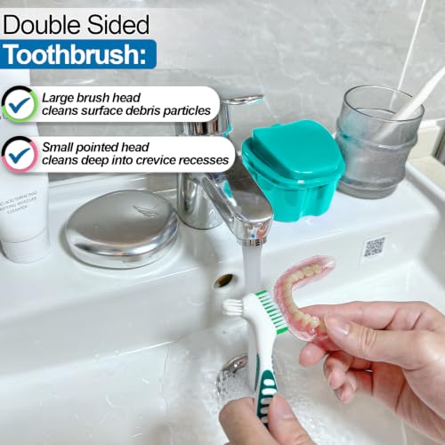 2 Pack Denture Bath Case Cup with Lid and Strainer Basket, Retainer Cleaner Case Dental False Teeth Container with 2 Travel Brushes, Lake Green and Dark Blue - color: Lake Green & Dark Blue