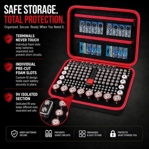 Comecase Battery Organizer Case with Tester, Holds 162+ AA AAA C D 9V - size: Large 162+Batteries