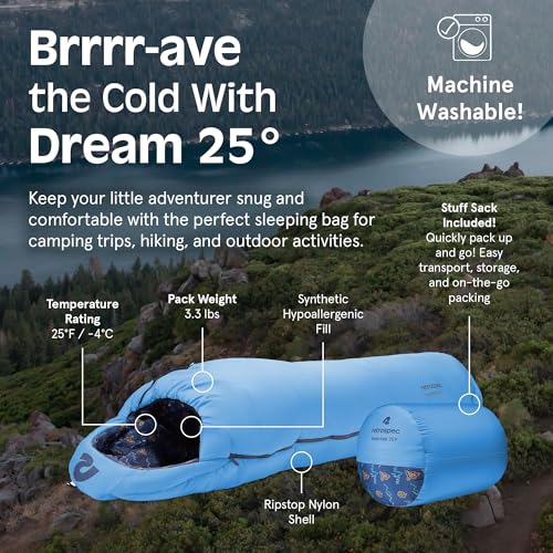 Retrospec Dream 25 Kids Sleeping Bag for Camping - Mummy Style, Water-Resistant, Lightweight 3lbs 3oz, Adjustable Length, Draft Collar, 25°F Rating - color: Cloud Dreamer
