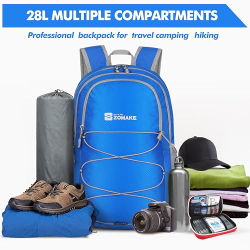 ZOMAKE Lightweight Packable Backpack, 28L Foldable Daypack (Dark Blue) | Light Hiking Backpacks Water Resistant Collapsible Day Pack for Travel, Everyday Carry, Multi-Pocket Layout, Heavy Duty Nylon - color: Dark Blue, size: 28L