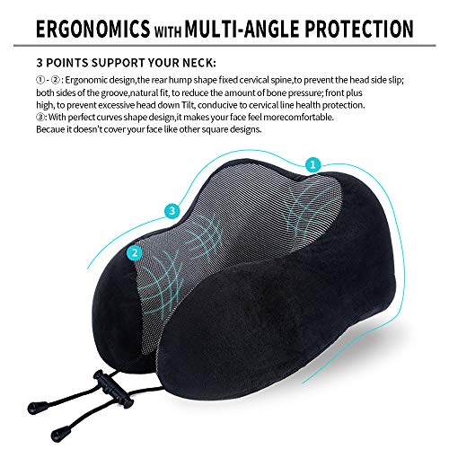 TALLGO Travel Pillow, Best Memory Foam Neck Pillow Head Support Soft Pillow for Sleeping Rest, Airplane Car & Home Use (Black) - color: Black