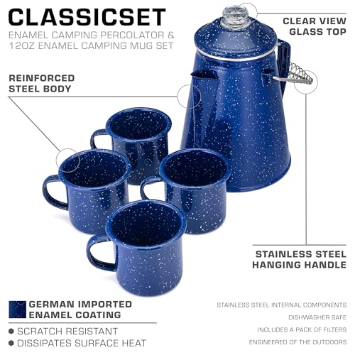 COLETTI Classic Enamel Set Coffee Percolator & Mugs — The Most Nostalgic Camping Coffee Pot, Now Modernized [Blue Enamel, 12 Cup Percolator Coffee Pot & Set of 4 Mugs] - color: Blue