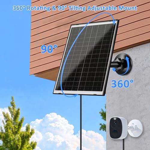 Zivif 10W Solar Charger for Battery-Powered Security Camera Outdoor | 5V Solar Panel with USB-C, Micro USB & DC 5.5×2.1mm Ports, IP66 Waterproof, 360° Adjustable Mount, 7.2ft Cable - color: 10W Black