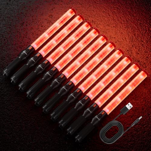 E-riding 10 Pack 16 Inch Rechargeable Traffic Wand with 2 Flashing Modes | Traffic Control Baton for Airport, Parking, Car Directing - size: 10 Pack