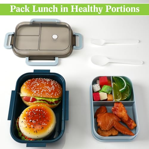 Hushee 3 Pack 42 oz Bento Lunch Box 2 Layers 3 Compartments Bento Plastic Box for Adults, Microwave Dishwasher and Freezer Safe Lunch Snack Containers and Cutlery for Travel, Back to School, Office