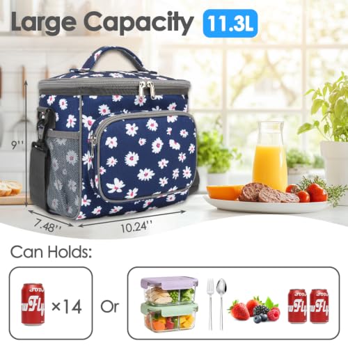 FlowFly Insulated Reusable Lunch Bag Adult Large Lunch Box for Women and Men with Adjustable Shoulder Strap,Front Zipper Pocket and Dual Large Mesh Side Pockets,Daisy - color: Daisy
