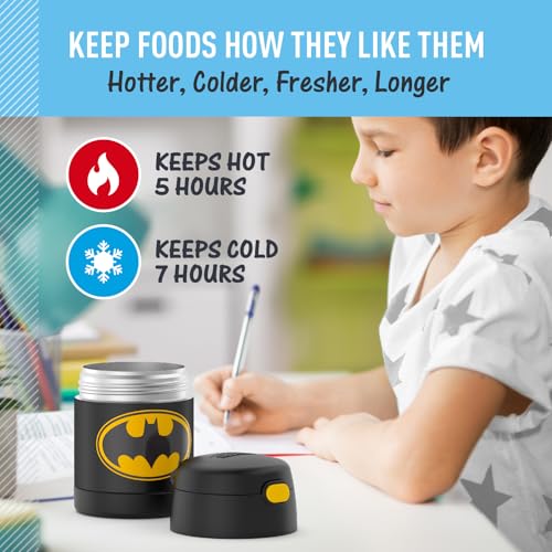 THERMOS FUNTAINER Kids Food Jar with Spoon, 10oz, Batman - color: Batman, size: 10 Ounce