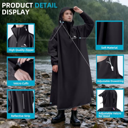 Waterproof Rain Poncho, Reusable Hooded Long Raincoat - color: Black, size: X-Large