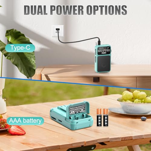 PRUNUS J-555 Pocket Radio AM FM USB-C Charging& Battery Operated, Back Clip - color: Blue