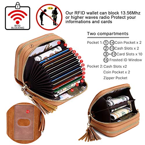 APHISON RFID Credit Card Holder Zipper Card Case Keychain Small Wallet for Women 1942-2 BROWN - color: B-BROWN-2（double zip）