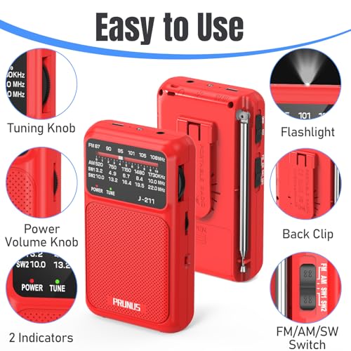 PRUNUS J211 Portable Radio AM FM, USB C Charging and AA Battery Operated - color: Red