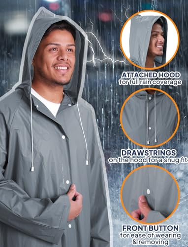 ANYOO 2-Pack Rain Ponchos for Adults Reusable Raincoats with Hooded and Drawstring Emergency for Men Women - color: Grey