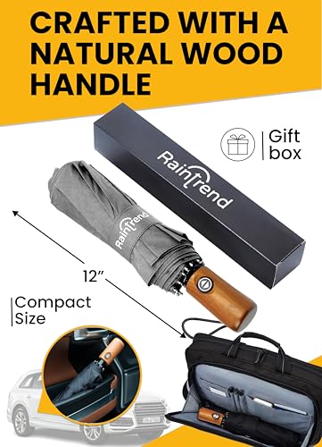 Raintrend Windproof Travel Umbrellas for Rain Automatic +10% Bigger Canopy Strong Frame Compact Folding Portable Umbrella for Women Men Backpack Purse - color: O Grey