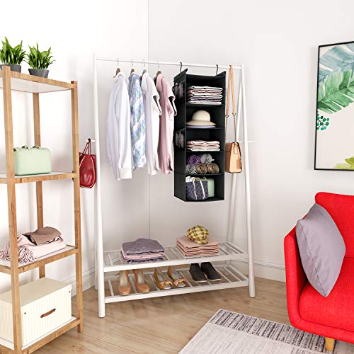 MAX Houser 5-Shelf Hanging Closet Organizer with 4 Side Pockets, Black | Foldable Fabric Hanging Shelves for Closet, Cloth Hanging Shelves with 2 sturdy hanging hooks, Small Space Saver - color: Black