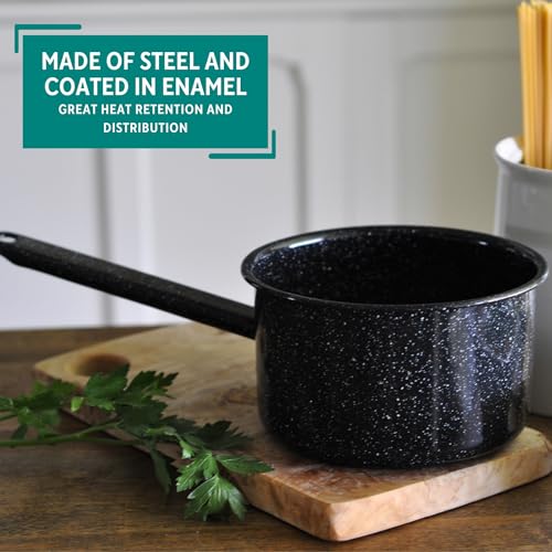 MIRRO 1.25 Qt Enamel Saucepan for Sauces, Black | Compact Size for Efficient Cooking, Smooth Glass Enamel Coating, Comfortable Extended Handle, Versatile for Sauces, Gravies - size: 1.3 Quarts