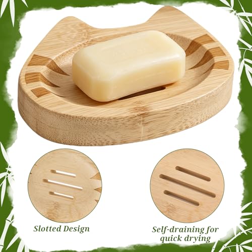 Bamboo Soap Dish Self Draining for Shower - Cute Cat Bamboo Soap Tray Holder Saver with Drainage, Natural Waterproof Decorative Tray for Bathroom, Kitchen, Sponges, Bath Tub, Shower, Sink - 1 Pack