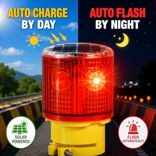 Solar Strobe Warning Light: 360 Degree Super Bright LED Flashing Light Wireless Install Automatically Turn On/Off Waterproof for Construction, Traffic, Dock, Marine, Crane Tower, Factory (Red-6PCS) - color: Red-6PCS