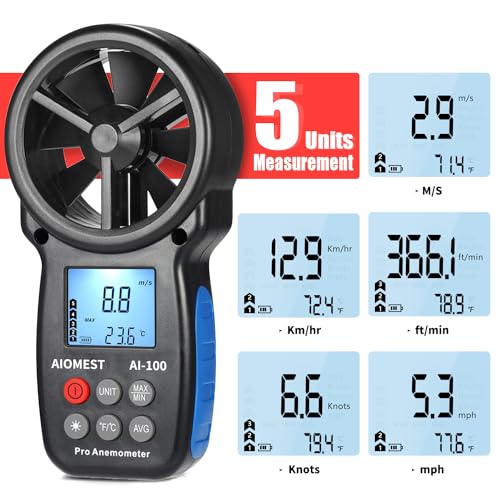 AIOMEST Digital Anemometer, Handheld Wind Speed Meter AI-100, Airflow Gauge Measures Air Temperature ℃/℉ Velocity for HVAC with Wind Chill Backlight - color: AI-100 Anemometer
